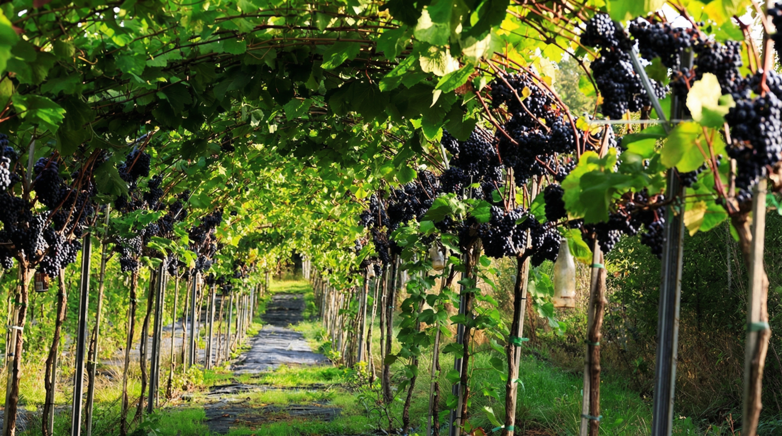 The pergola terrace among the vines at Vesterhave Vingaard in South Zealand
