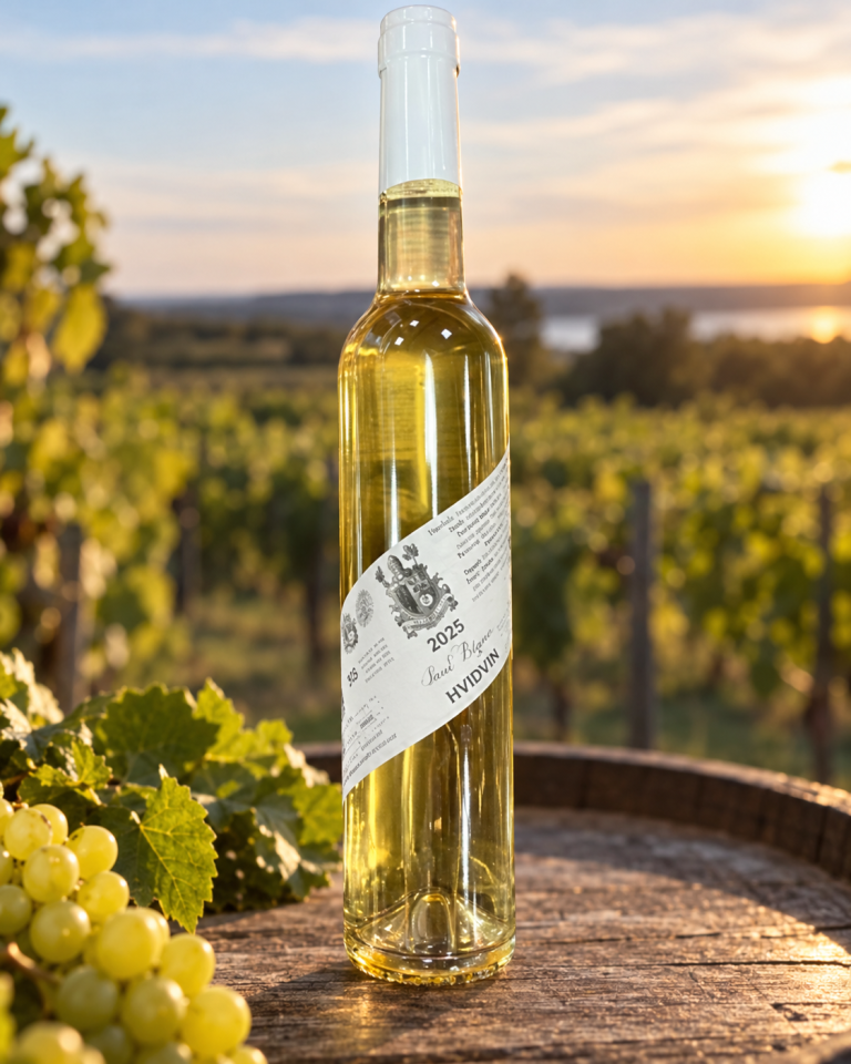 A bottle of Hvid Lagune 2025, a Danish white wine made from Solaris and Pinot Gris, standing in the vineyard