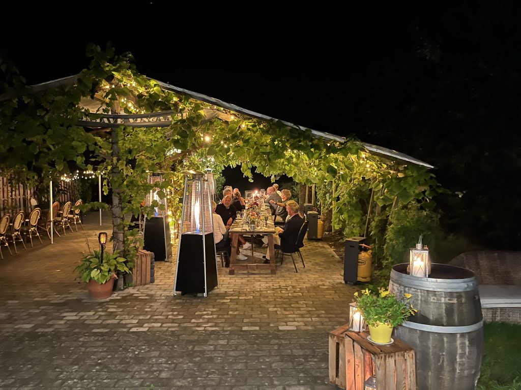 Bryllupsfest om aftenen på den overdækkede Pergola Terrasse under vinranker og lyskæder